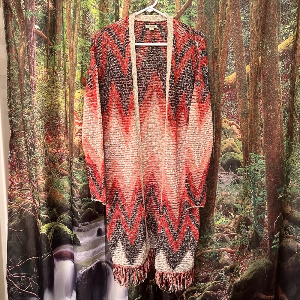 Lucky Brand Chevron Fringe Duster Cardigan sweater medium southwestern print - Picture 14 of 14